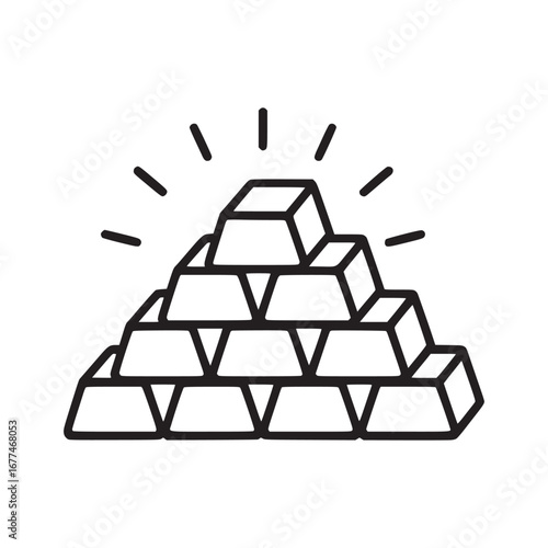 Outline drawing of a pyramid made of gold bars with radiating lines on a white background art