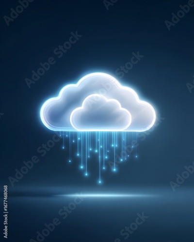 A glowing cloud icon with digital elements, symbolizing data transfer and connectivity in a modern, tech-themed environment.