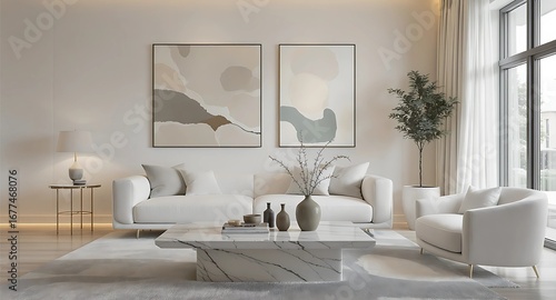 Modern Luxury Living Room Interior with Minimal White Sofa, Marble Coffee Table, Abstract Wall Art, Warm Ambient Lighting, Ultra Clean Contemporary Design, Photorealistic 8K Render