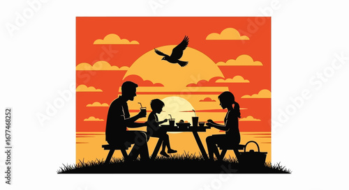 Family enjoying a peaceful picnic at sunset with a bird soaring overhead.
