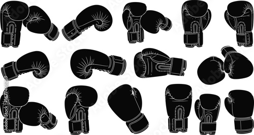Boxing gloves set, black and white vector, boxing equipment, fighting gear, boxing gloves collection, sports gear, boxing accessories