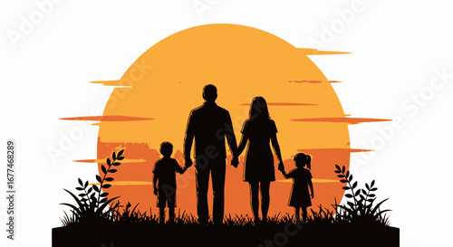 Loving family holding hands against a vibrant sunset sky, symbolizing unity and togetherness.