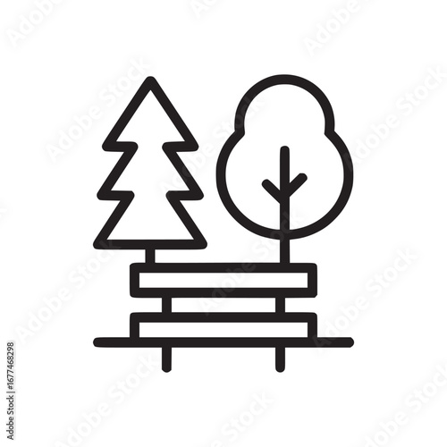 Iconic park scene with a bench between a fir tree and a round tree in black and white line art