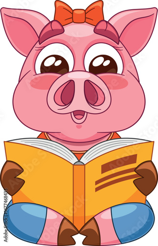 Cute nerd pig reading book