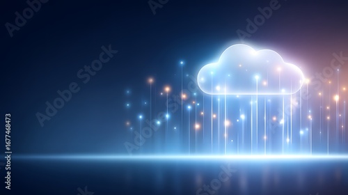 A glowing cloud icon surrounded by shimmering lights, set against a dark background, symbolizing technology and digital storage.
