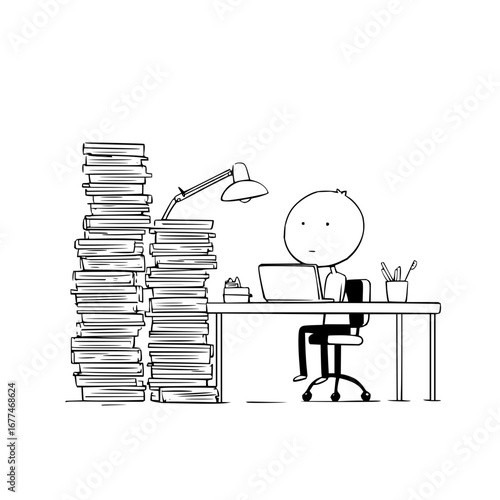 Illustration of overworked student with stack of books and laptop studying for exam preparation concept art