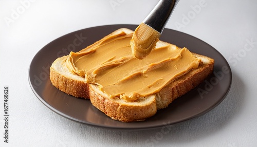 apply creamy peanut butter evenly onto toasted bread slices on a white backdrop