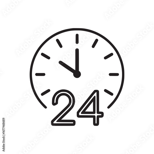 Outline clock icon with hour and minute hands and the number twenty four indicating hours available