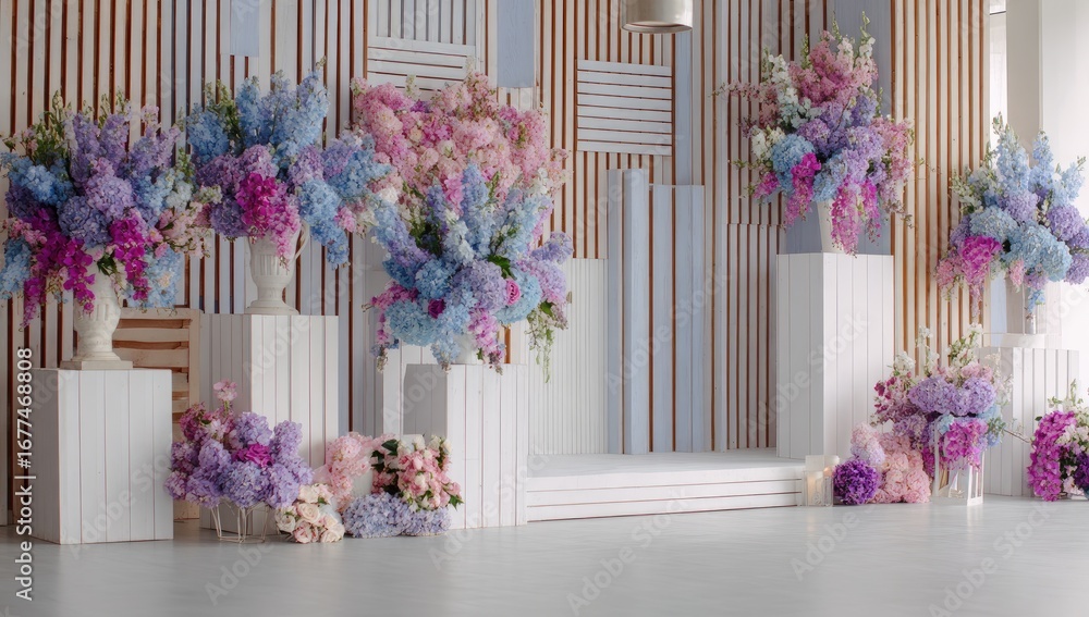 Fototapeta premium Pastel Floral Display on White Cubes with Wooden Wall Background.