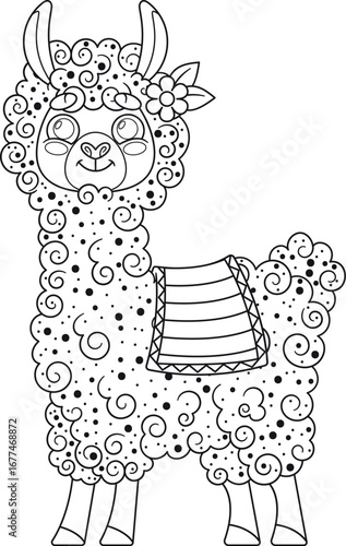 Kawaii girlish llama alpaca black-and-white