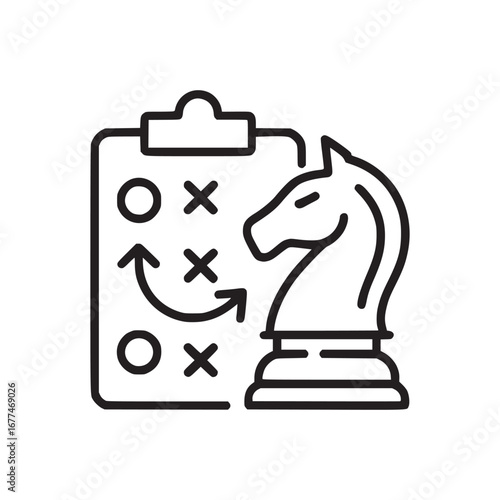 Outline icon showing a chess knight piece next to a clipboard with strategy plan marked on it