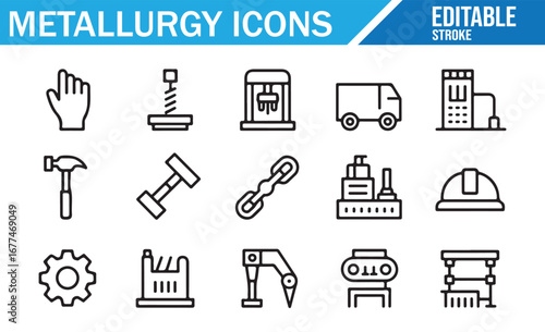 Industrial icons for metallurgy, including anvil, factory, gear, and production line.