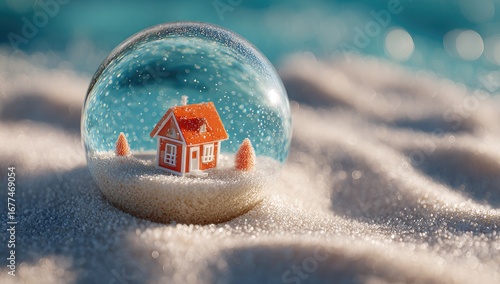 Miniature snow globe house on sandy beach