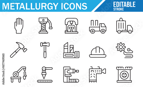 Collection of metalworking icons including hammer, chain, and furnace for industry use.