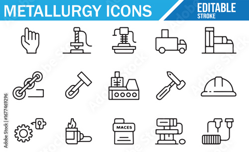 Editable set of metallurgy icons, featuring symbols like hammer, anvil, gear, truck, and factory, representing industrial processes, metalworking, and manufacturing.
