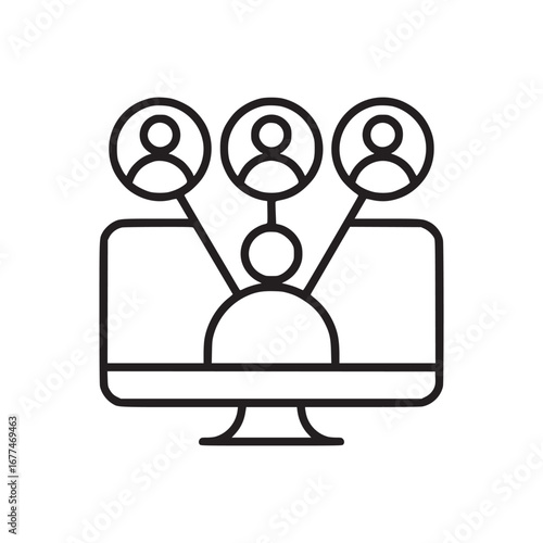 Illustration of a computer screen with three people connected in a video conference call outline style