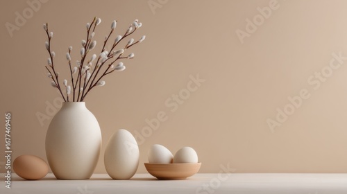 Easter eggs and pussy willow branches in vase, festive minimalist spring still life against neutral background