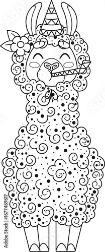 Kawaii llama alpaca black-and-white character