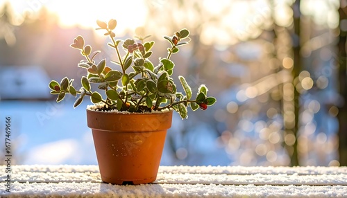 A small terracotta pot plant, frosted with snow, sits on a snowy ledge at sunrise. The background is a softly blurred winter scene