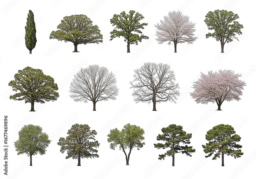Fototapeta premium Variety of Trees Set, of Twelve Different Trees on Transparent Background