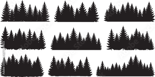 Fir Tree Silhouette Set, Coniferous Spruce and Pine Panorama, Black Forest Landscape Vector Illustration, Evergreen Woods Background, Hand Drawn Seasonal Tree Tops, Natural Wildlife Camping Graphic De
