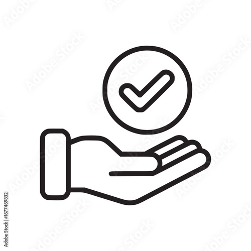 Hand offering a check mark inside a circle in a black outline on a white background vector design