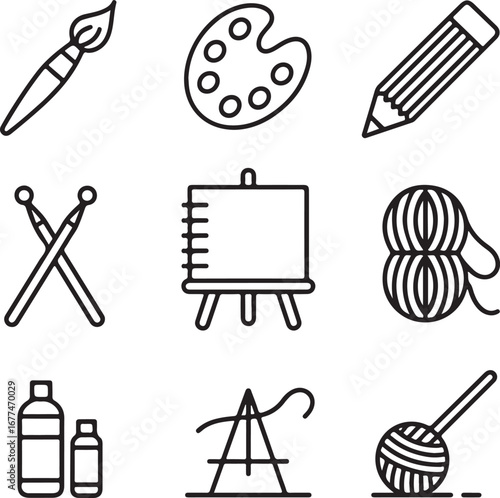 Painting Drawing and Knitting Outline Icon Set with Paintbrush Palette Canvas Pencil Sketchbook Yarn Knitting Needles Easel Watercolor Tubes and Crochet Hook