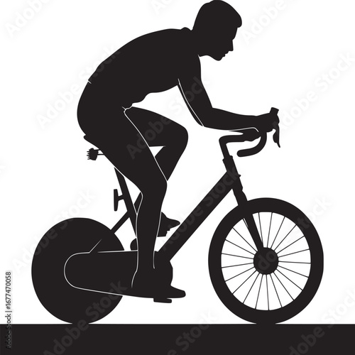 Silhouette of a person riding an indoor exercise bike against a white background in a studio setting