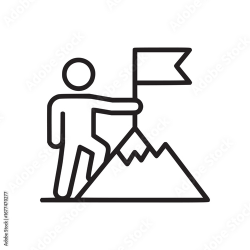 Outline drawing of a person climbing a mountain and placing a flag on the top of the mountain peak