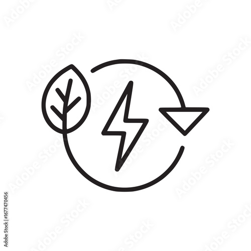 Line art illustration of a leaf lightning bolt and arrow in a circle on a white background