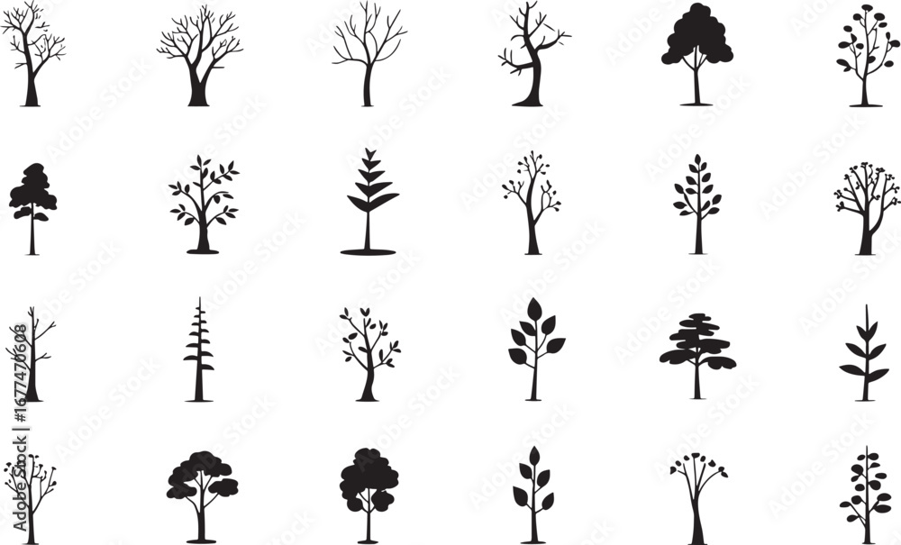 Naklejka premium Naked trees silhouettes set. Hand drawn isolated illustrations.