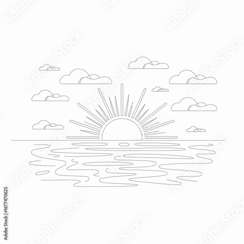 Simple Line Art Sunrise Illustration with Clouds over Ocean Water Reflection Background Vector Graphic for Print and Web Design