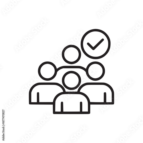 Teamwork icon showing collaboration with check mark indicating approval and task completion in black outline