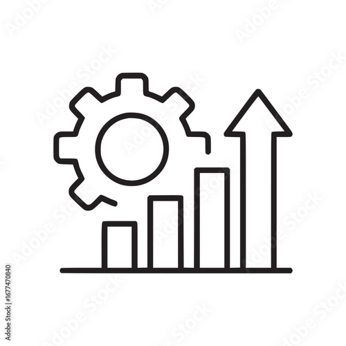 Gear icon with rising bar graph and arrow indicating growth in a linear black and white design