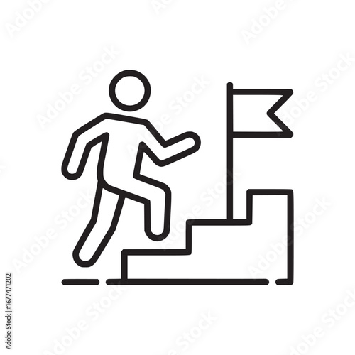 Line drawing of a person climbing stairs toward a flag on a platform representing achievement