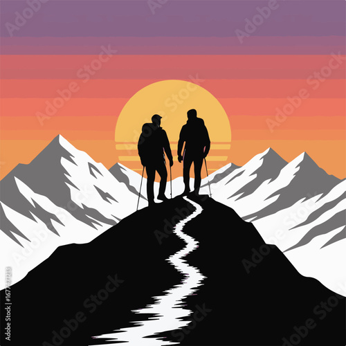 Two Hikers at Mountain Summit at Sunset