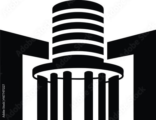 Vector art of abstract black and white logo design featuring a stylized building structure
