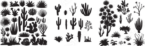 Black silhouettes of cactuses, agave, joshua tree, and prickly pear. Vector illustration