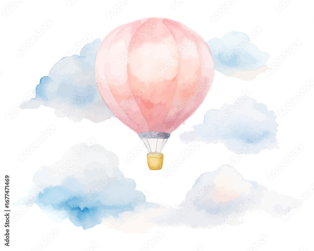 Fototapeta premium Watercolor Hot Air Balloon with Clouds