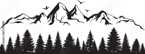 Mountains silhouettes on isolated background. set of hand drawn landscape mountain with silhouette pine trees