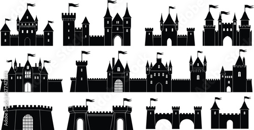 Collection of black castle silhouettes, medieval towers, fairytale palace icons, vintage fortress vector illustrations, perfect for historical architectural design