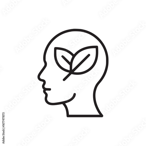 Outline of a head in profile with two leaves inside the head on a white background in simple style