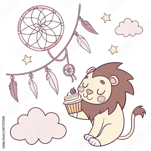 An adorable Lion with a Grumpy vibe, holding a cupcake, and a Dreamland Fantasy dream theme – SVG style