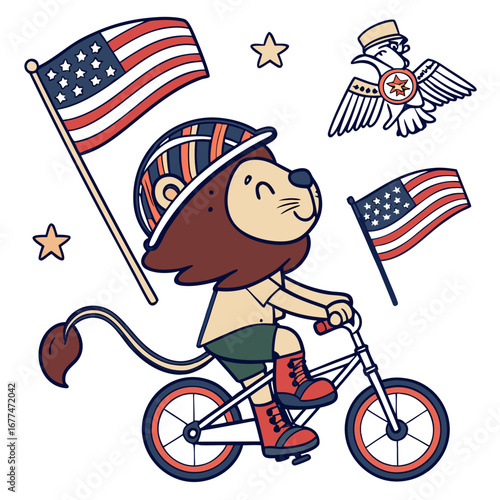 Amused expression on a Lion in a Veterans Day theme, with riding a bicycle – Brave Honor vector art