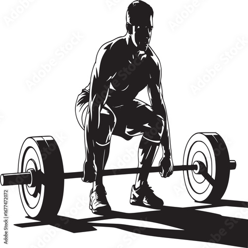 A monochrome image depicting a muscular man preparing to lift a barbell in a weightlifting setting