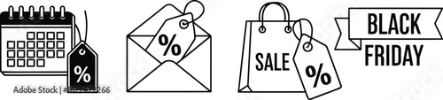 Vector art of black friday sale icons featuring calendar, mail, shopping bag, and promotion