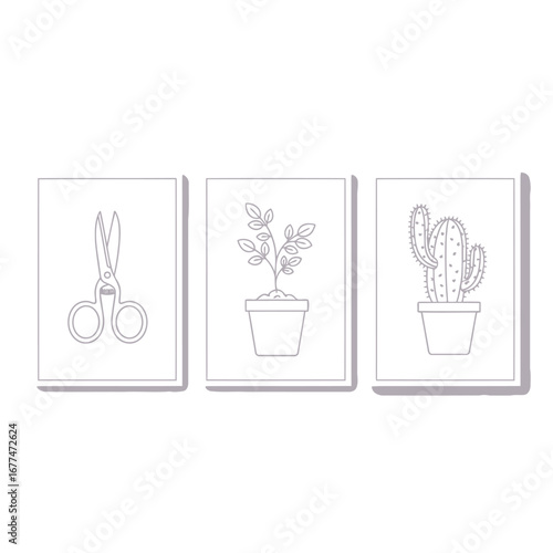 Set of 3 minimalist line art illustrations of gardening tools and plants