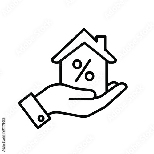 Line art illustration of a hand holding a house with a percentage symbol.