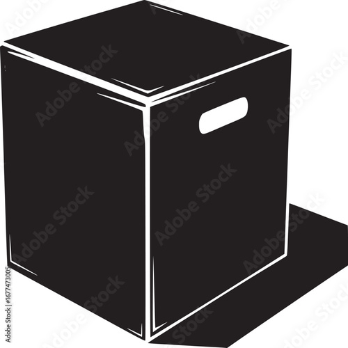 A black and white graphic illustration of a cube shaped box with a cutout handle and shadow