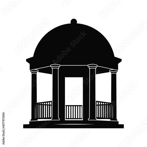 Silhouette of a gazebo with dome roof and columns, isolated on white.